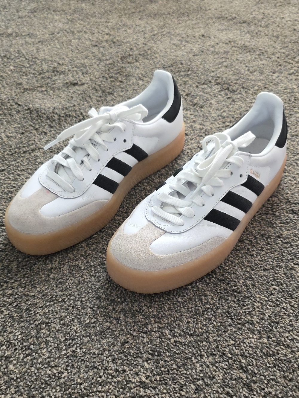 adidas Women's White Sneakers with Black Stripes and Gum Sole Size 9.5